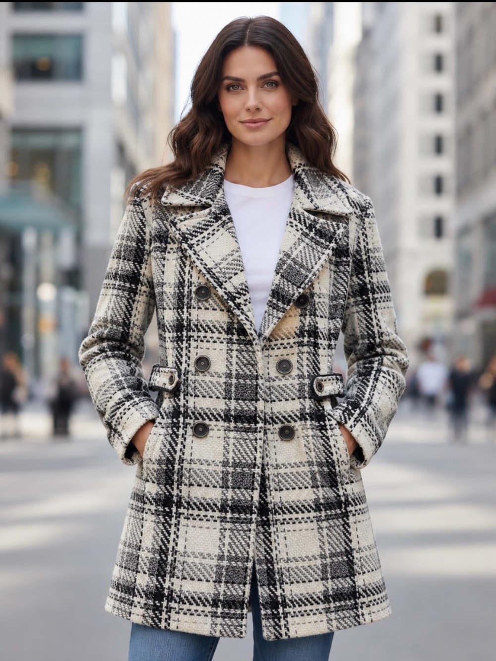 Byer California Plaid Peacoat Black Cream Double Breasted Belted Wool Look Coat